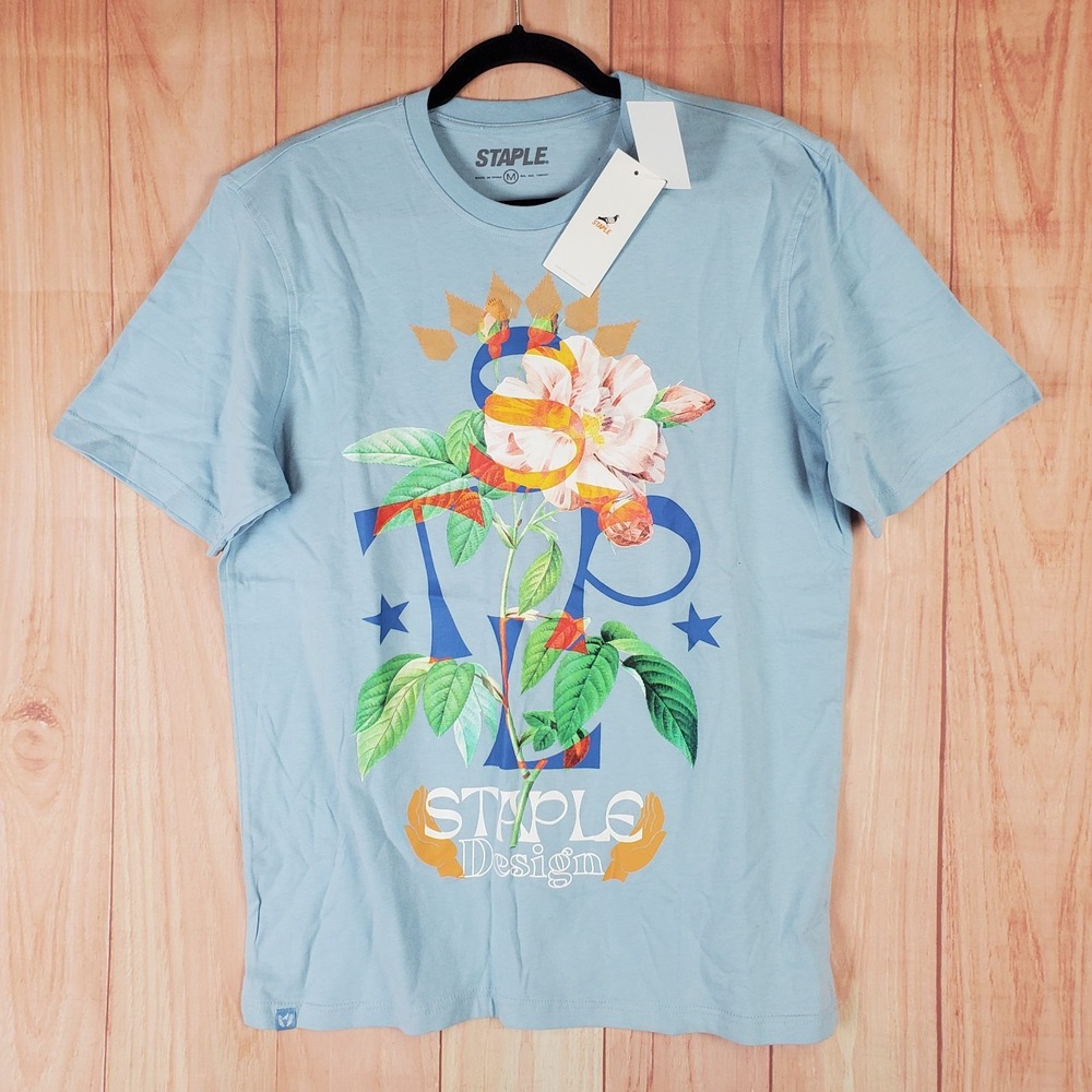 Staple T Shirt Mens Medium Blue Design Bloomfield Rose Graphic Cotton Casual